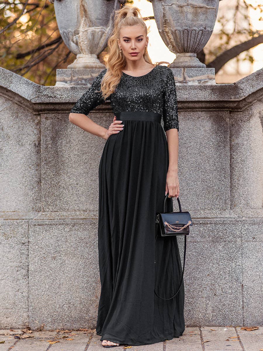 Ever-Pretty - Elegant Round Neckline Sequins Patchwork Dress: Navy Blue / 16