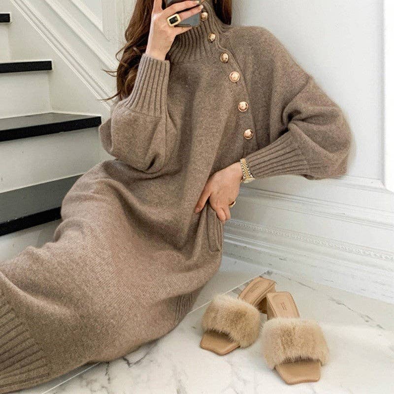 UZ Wholesale Store - Solid Color Long Over-The-Knee Sweater As Base: KHAKI / M