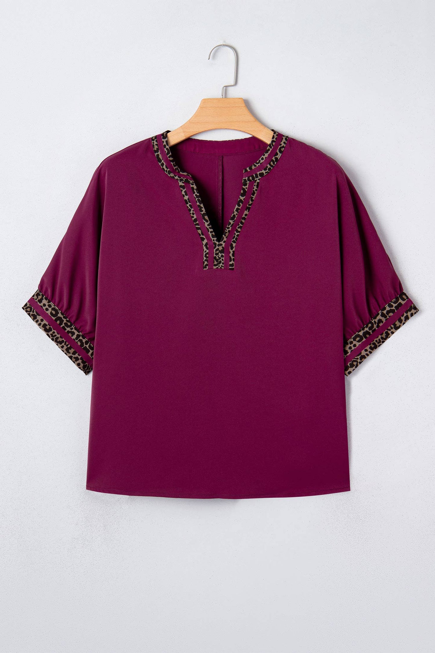 66DISCO - Contrast Leopard Trim V Neck Short Sleeve Blouse (S-XL): Red Dahlia / Missy / S