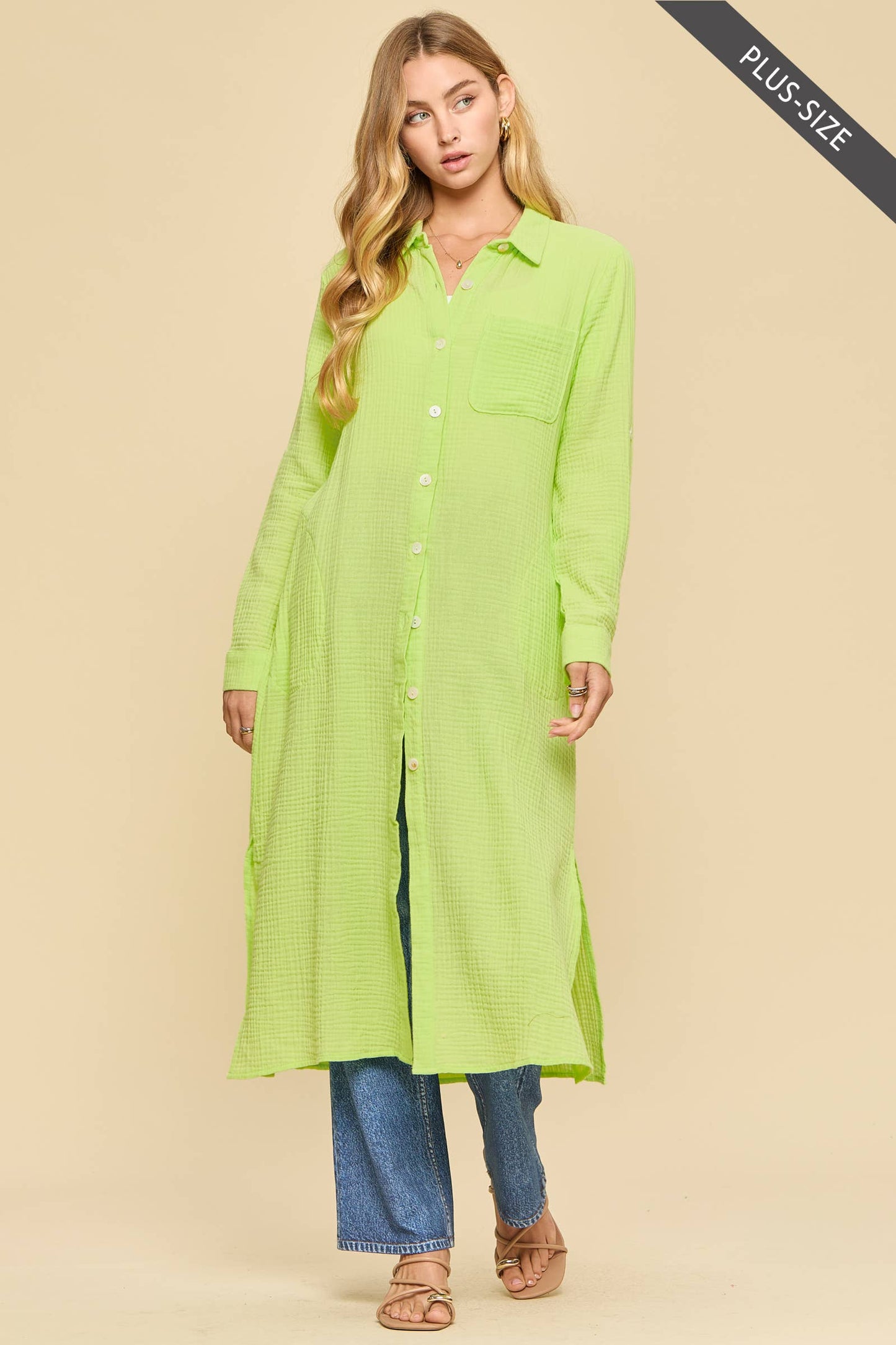 Dear Scarlett  Breathable Cotton Button-Down Duster: PEACH SORBET