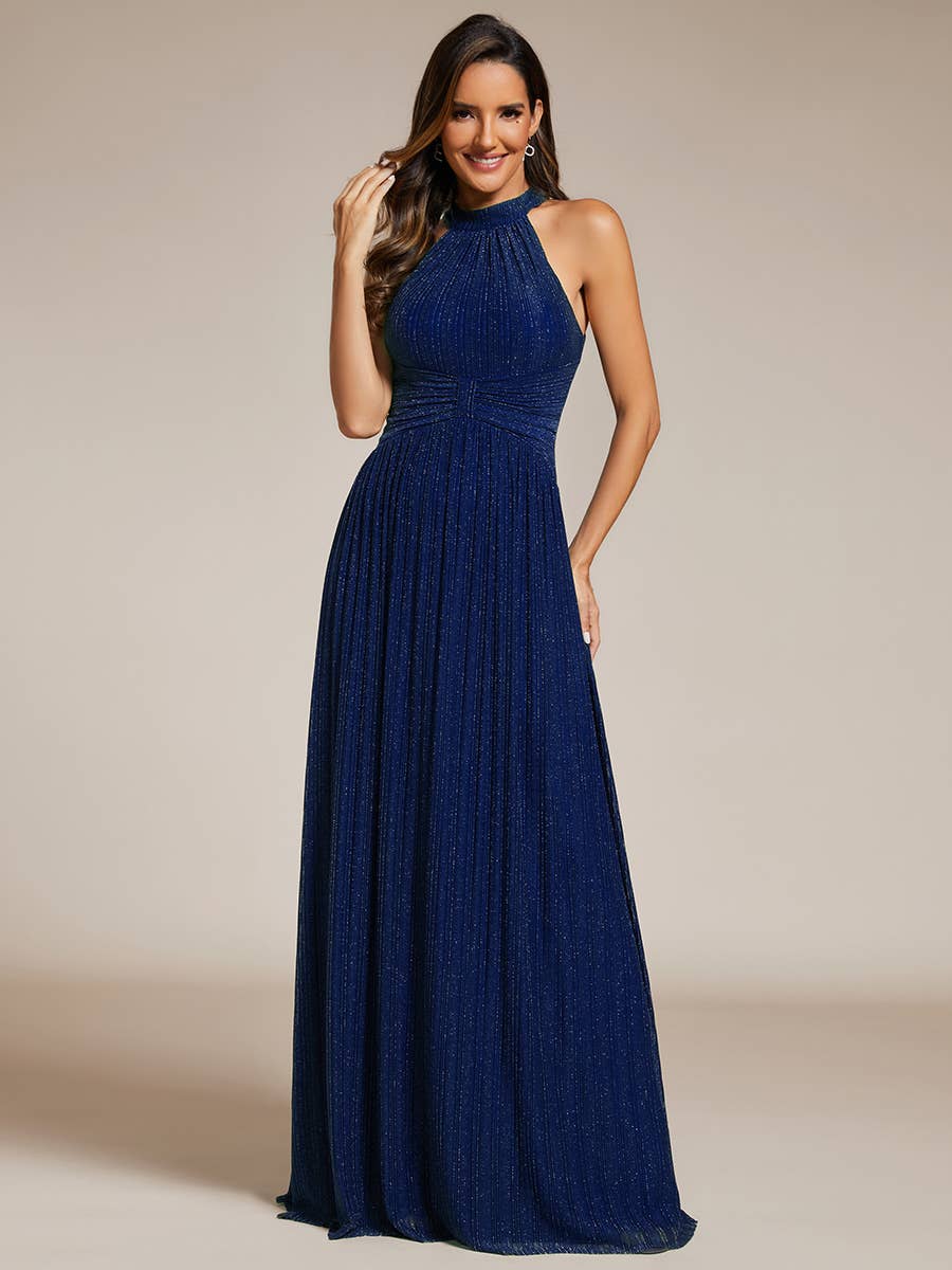 Ever-Pretty - Glittery Halter Neck Pleated Formal Evening Dress: Dark Green / 12