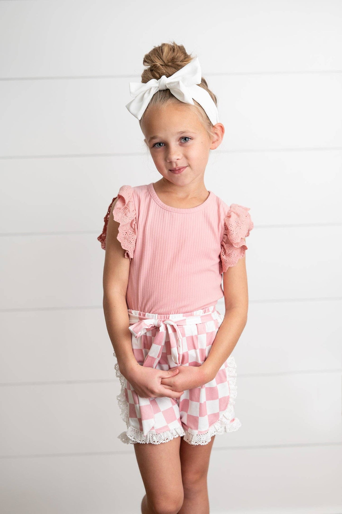 Oopsie Daisy - Girls Pink Lace Checkered Spring Summer Ruffle Short Set: 10/12