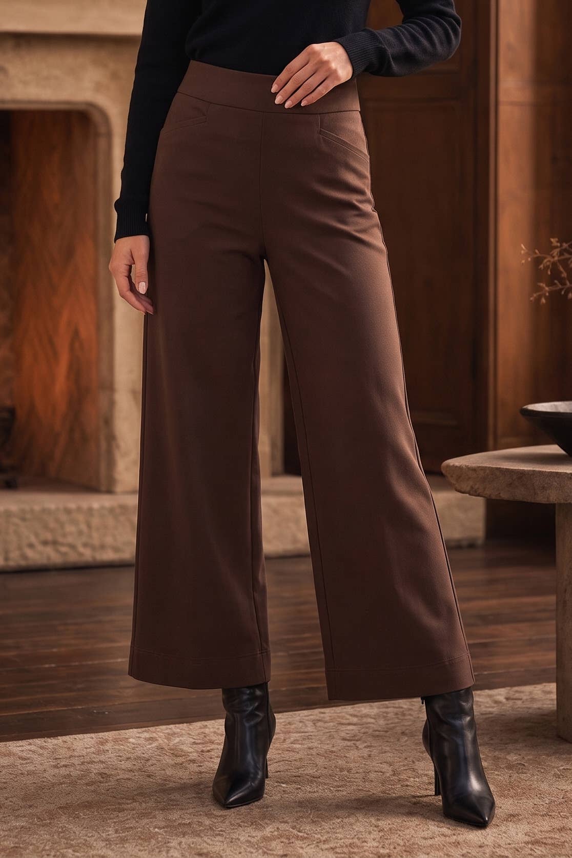 Dear Scarlett - High Rise Twill Wide-Leg Pants : ESPRESSO BROWN / S