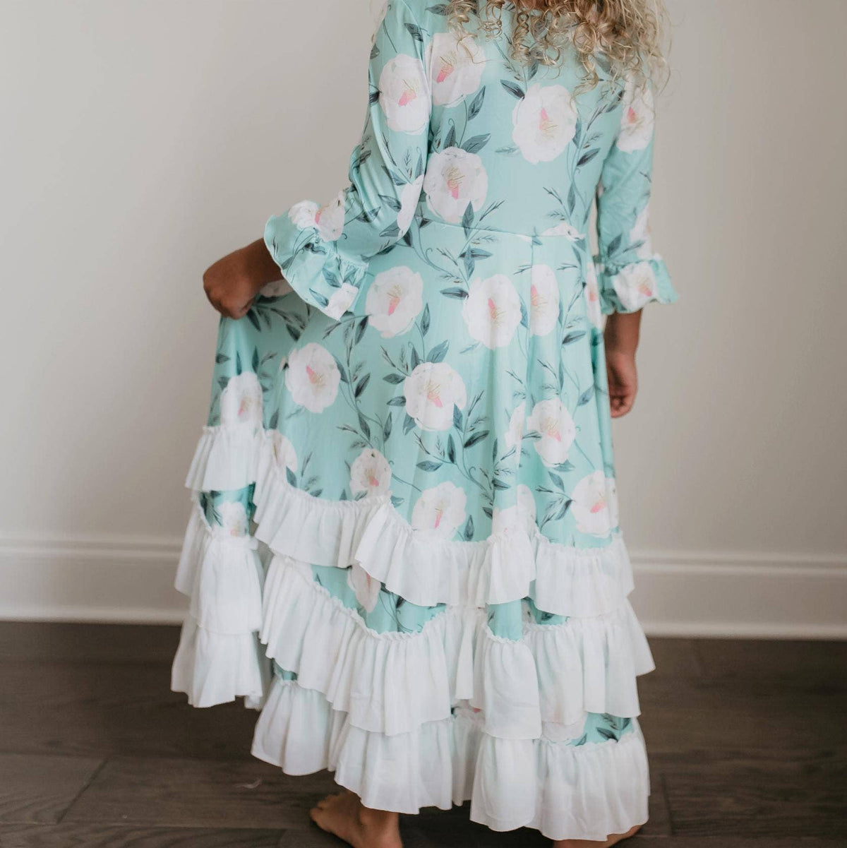 Oopsie Daisy - Kids Winter Mint Floral Long Sleeve Fall Ruffles Dress: 7/8