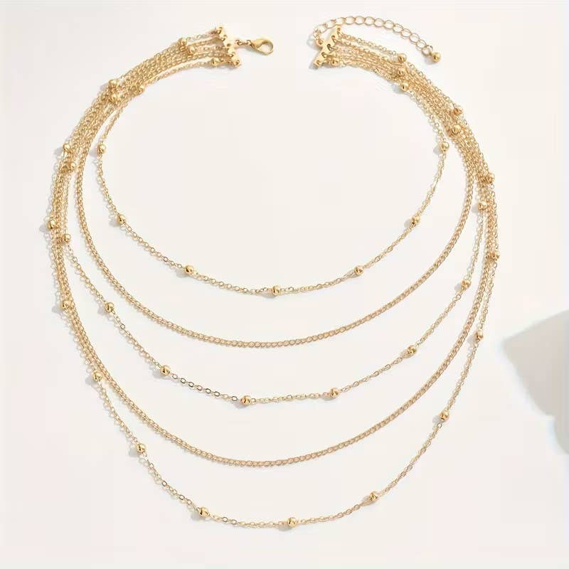 Syrrios Gifts LLC - Layered Multi Strand Beaded Chain Necklace Adjustable Choker: Silver