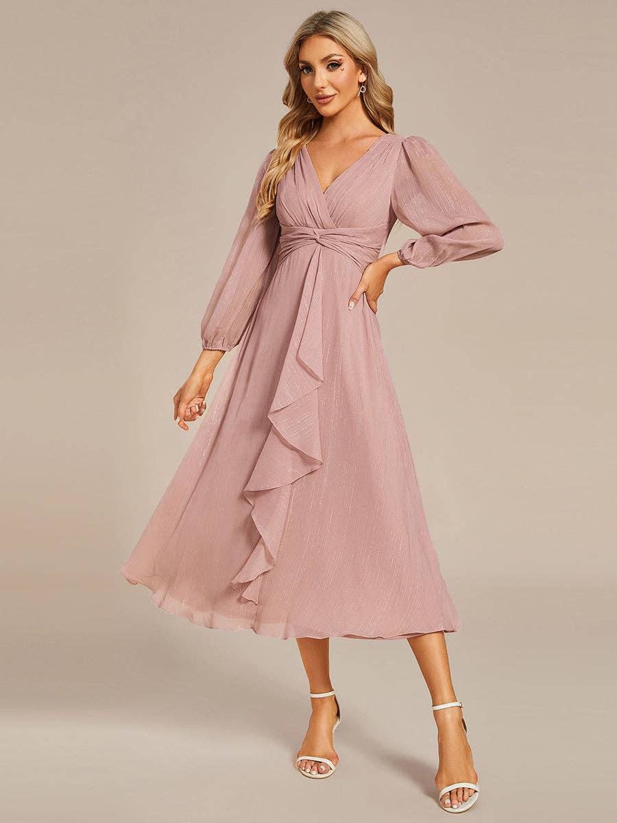 Ever-Pretty - Shiny Chiffon Wedding Guest Dress with Long Sleeve: Black / 12