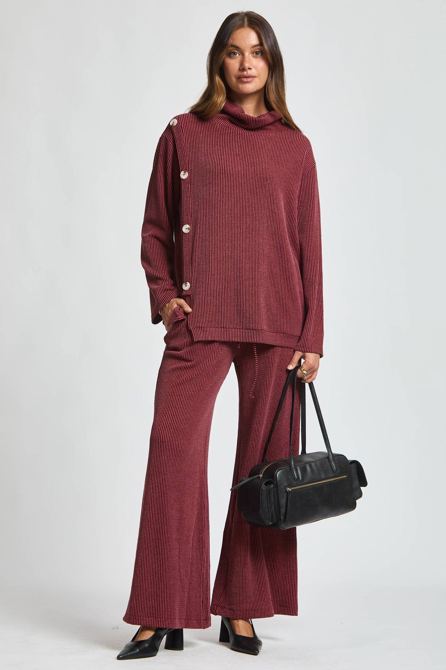 Dear Scarlett - 2-Piece Cowl Neck Ribbed Set TRVSET-LAVISH: WINE