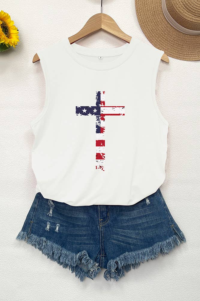 UNISHE - USA Flag Cross Christian Print Graphic Tank Top STC125D50: White / L