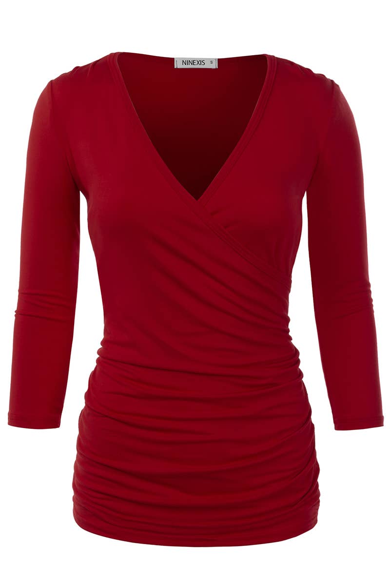 NINEXIS - CWTTL1403_3/4 Sleeve Tank Tops Deep V-Neck Surplice Wrap: NAVY / (S) 1