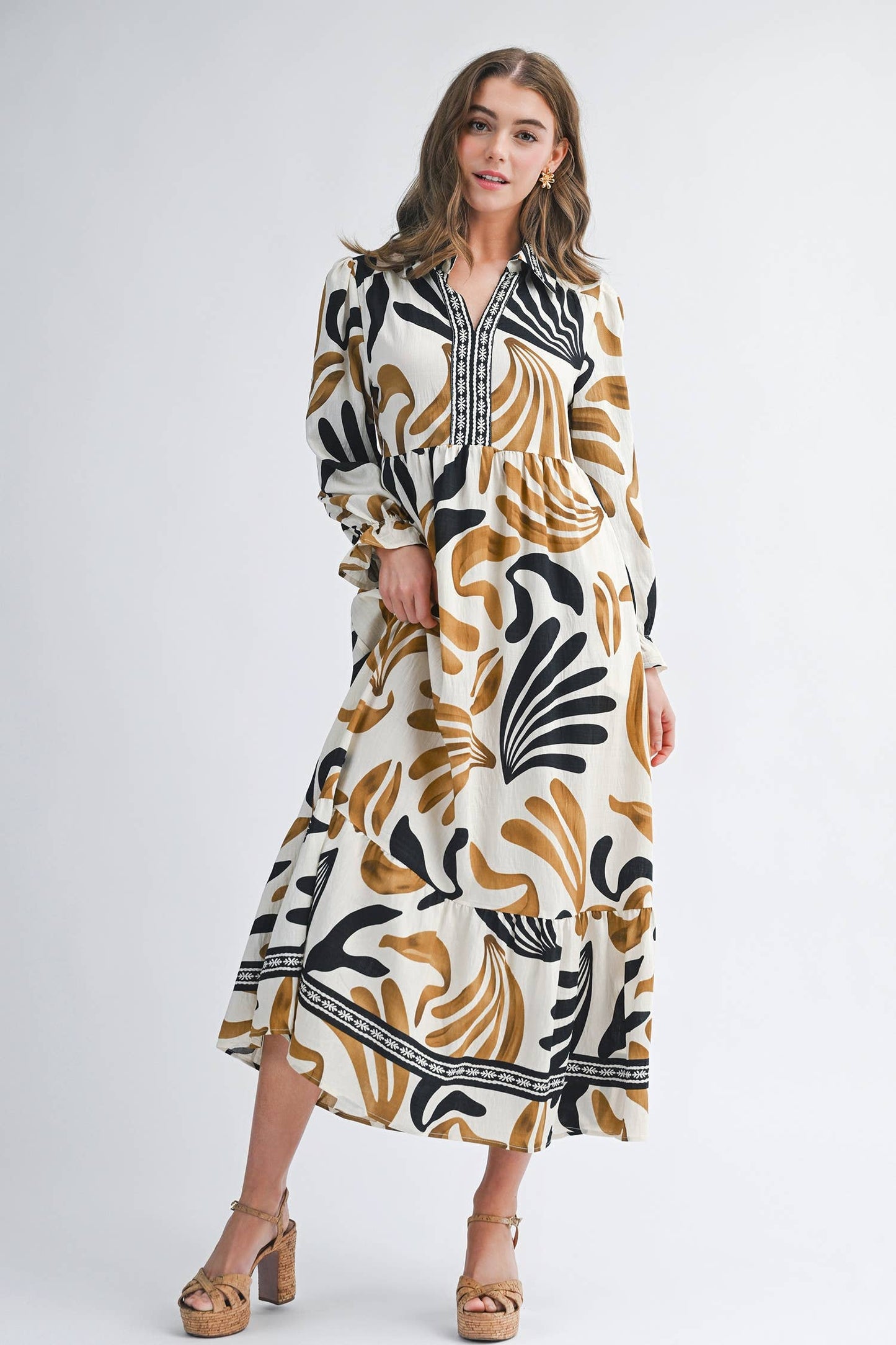 Aapparella - Abstract Long Sleeve Ruffle Hem Maxi Dress | S-XL