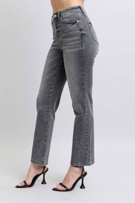 Judy Blue Jeans - HW Rhinestone Straight: Gry / 9(29)