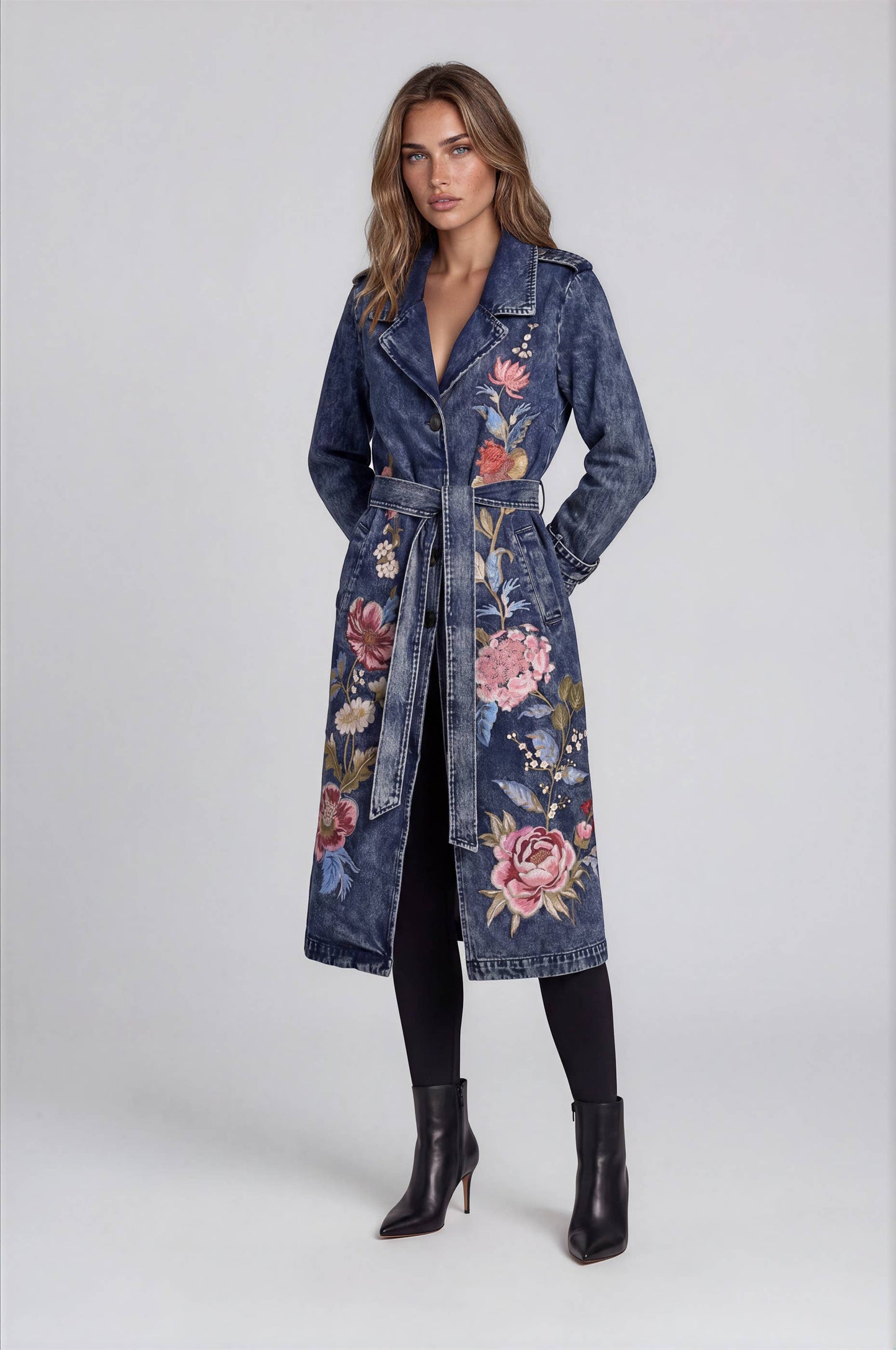 Adore - 2702-J Embroidered Denim Trench Coat: S