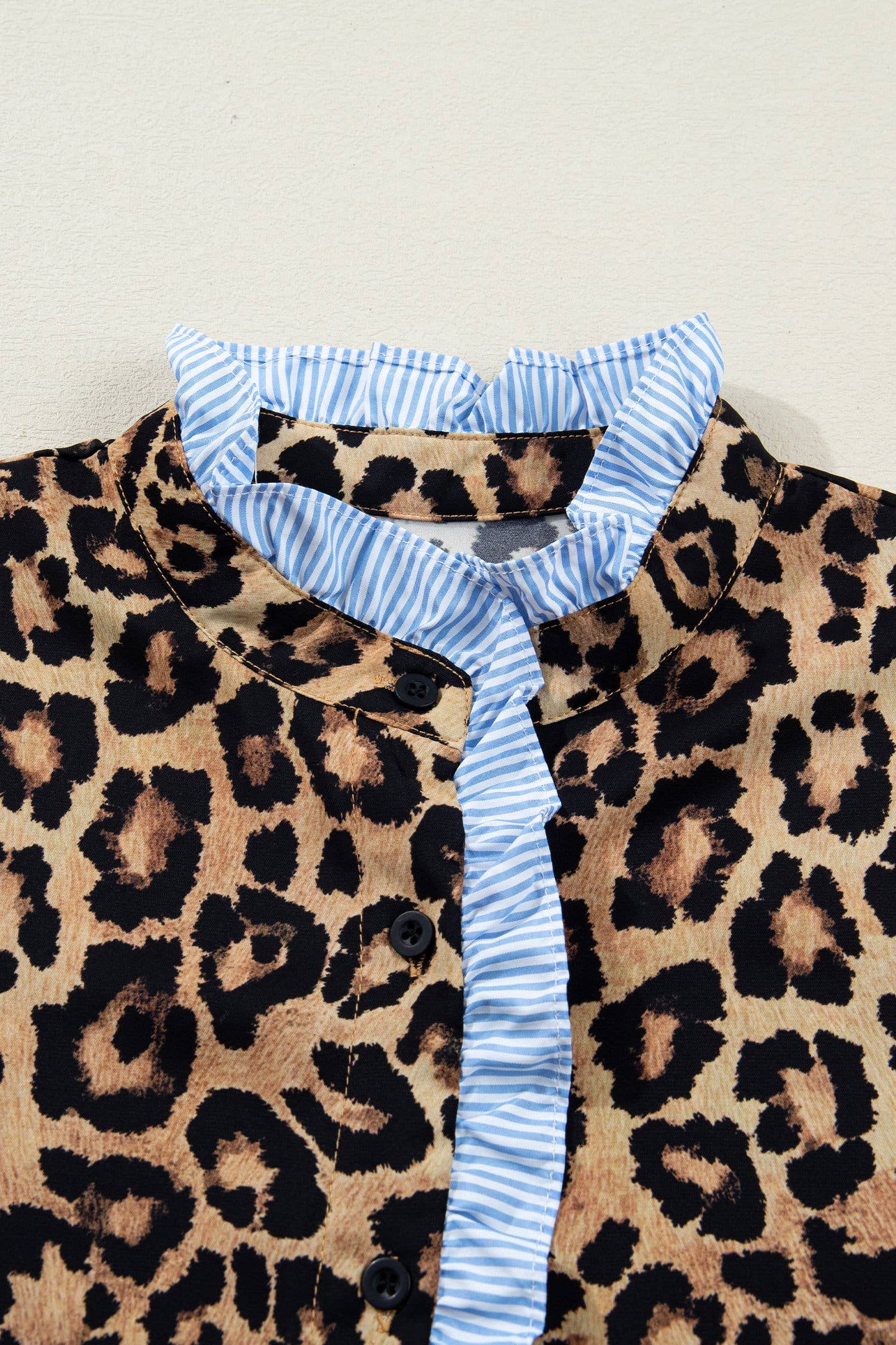 66DISCO - Leopard Print Stripe Frilled Mock Neck Shirt (S-XL): Brown / Missy / XL