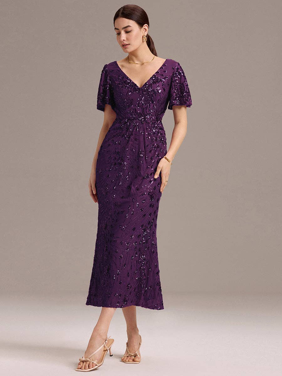 Ever-Pretty - Strapless Deep Fishtail Paillette Midi Evening Dresses: Sapphire Blue / 22