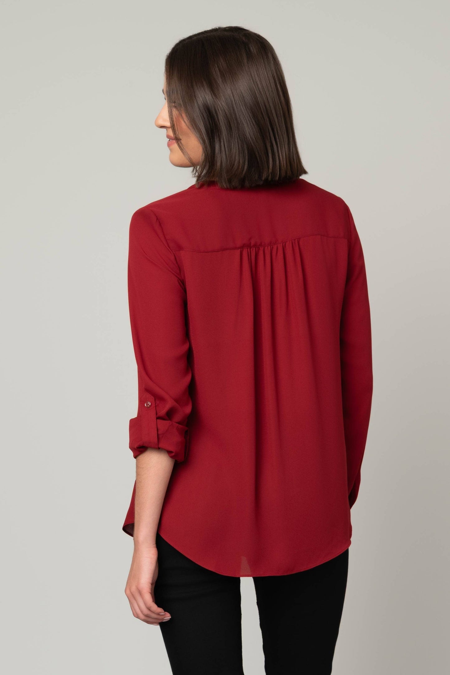 Pine Apparel - Roll Tab Button Front Top: Tomato