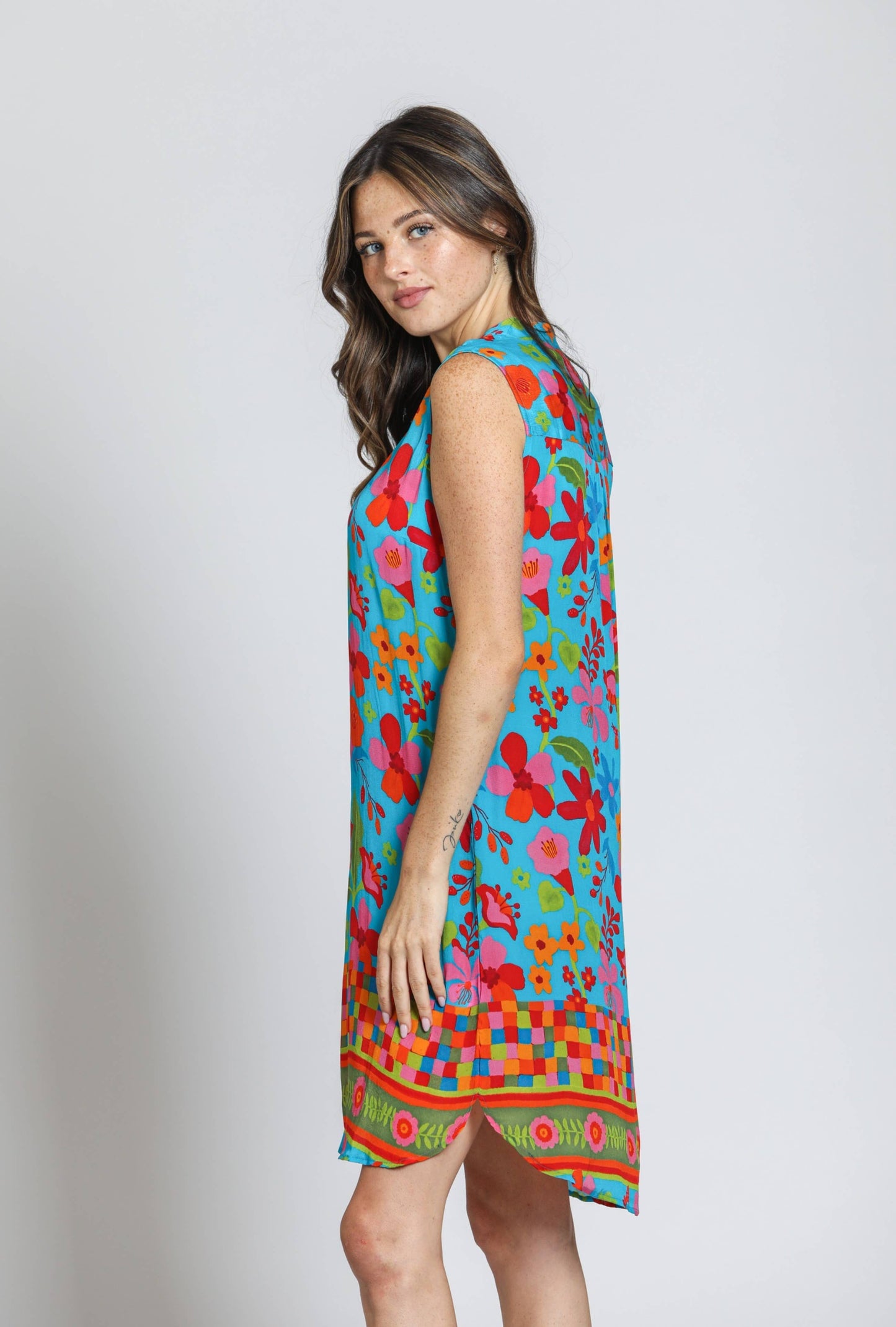 APNY - Sleeveless 1/2 Button-Up Dress - Blue Multi: Blue Multi / XS
