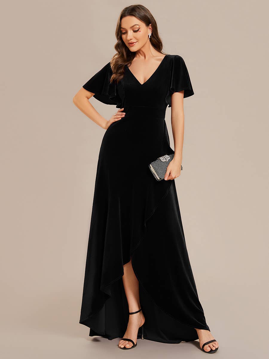 Ever-Pretty - High-low V Neck Evening Dress with Short Sleeves: Dark Purple