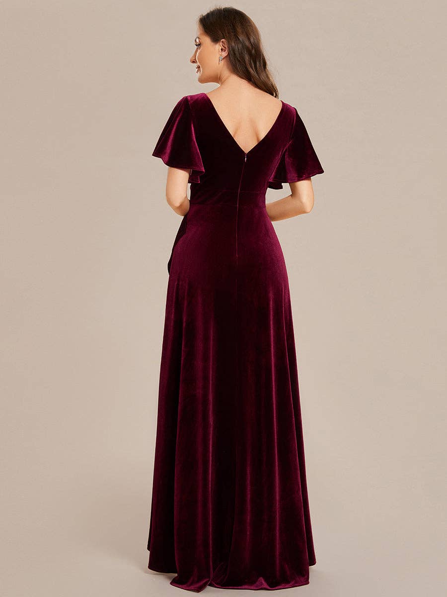 Ever-Pretty - High-low V Neck Evening Dress with Short Sleeves: Dark Purple