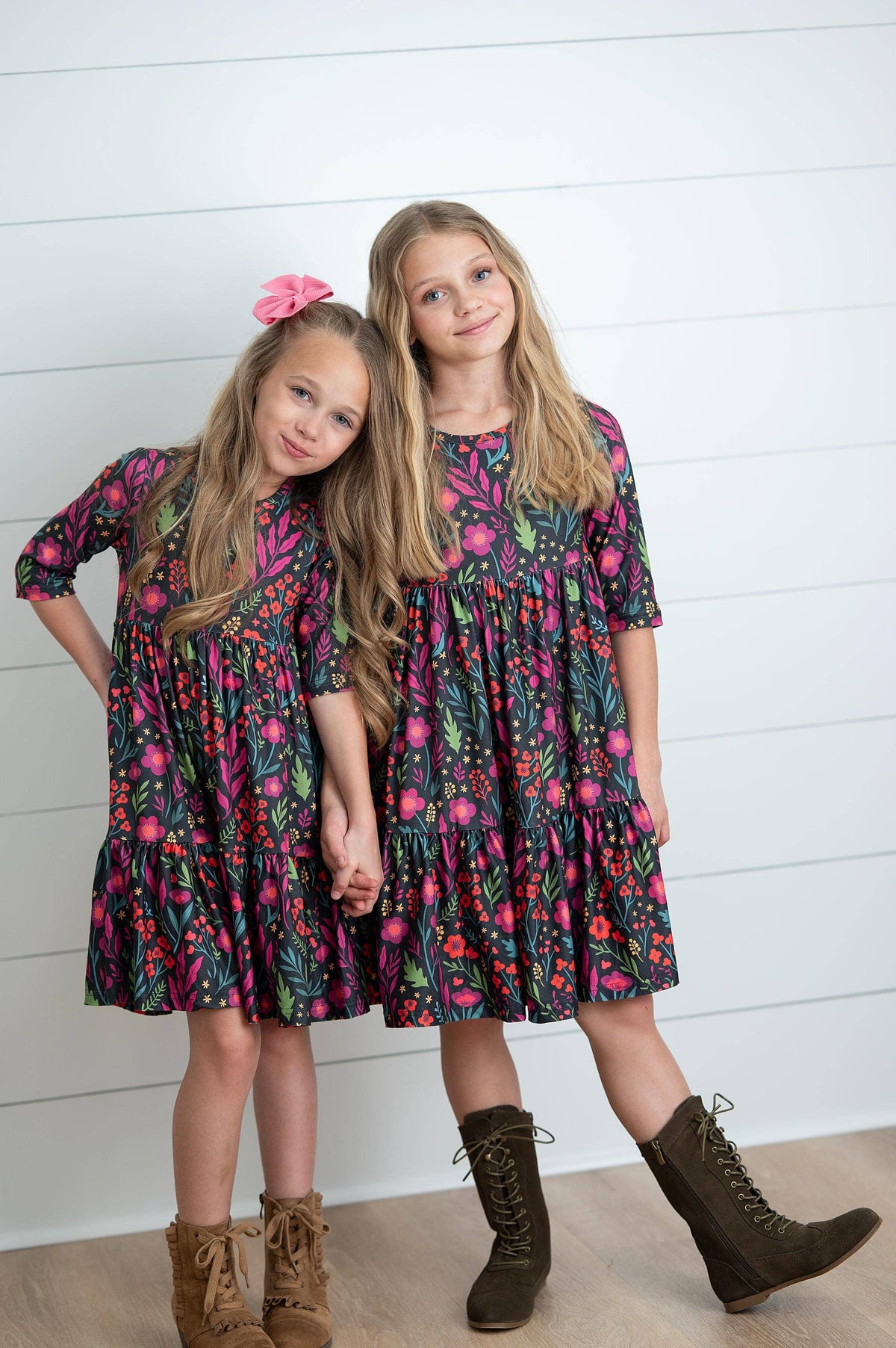 Oopsie Daisy - Girls Emma Dark Magenta Fall Floral Tiered Twirl Dress: 7/8