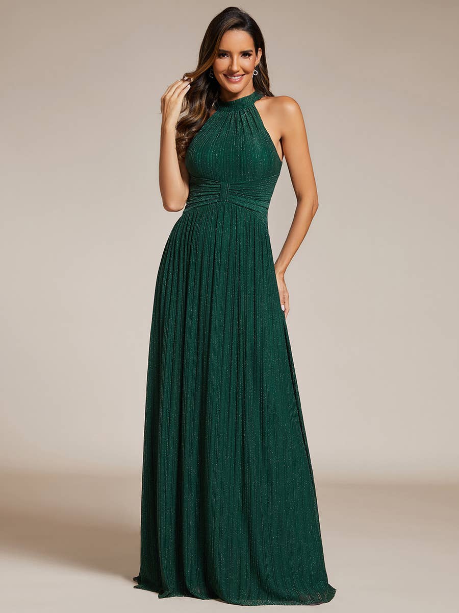 Ever-Pretty - Glittery Halter Neck Pleated Formal Evening Dress: Dark Green / 12