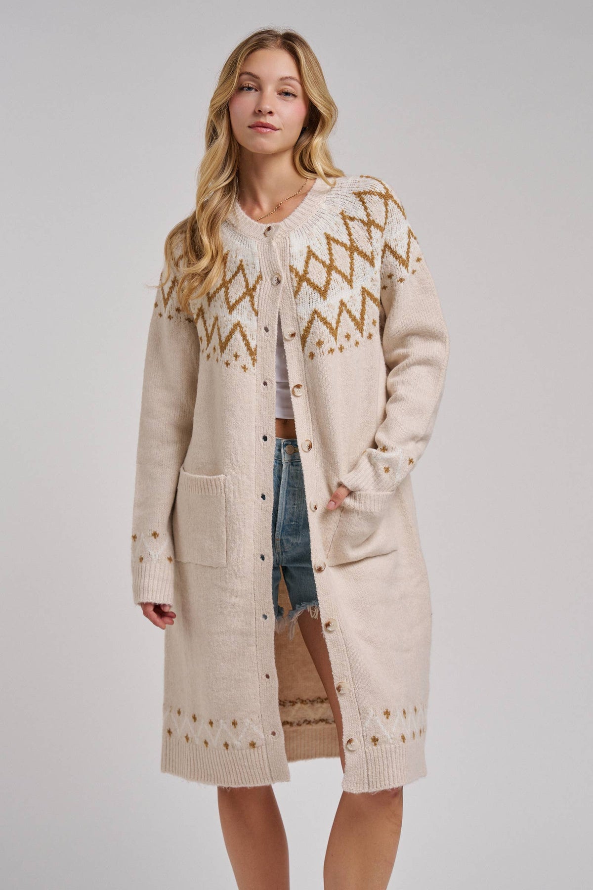 BON - NORDIC FAIR ISLE SWEATER LONG CARDIGAN IN OATMEAL
