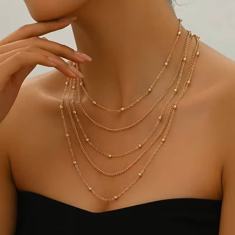 Syrrios Gifts LLC - Layered Multi Strand Beaded Chain Necklace Adjustable Choker: Silver