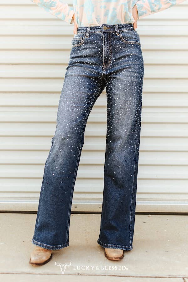 LUCKY & BLESSED - Plus Size Mid Wash Studded Mid Rise Western Flare Jeans: 18