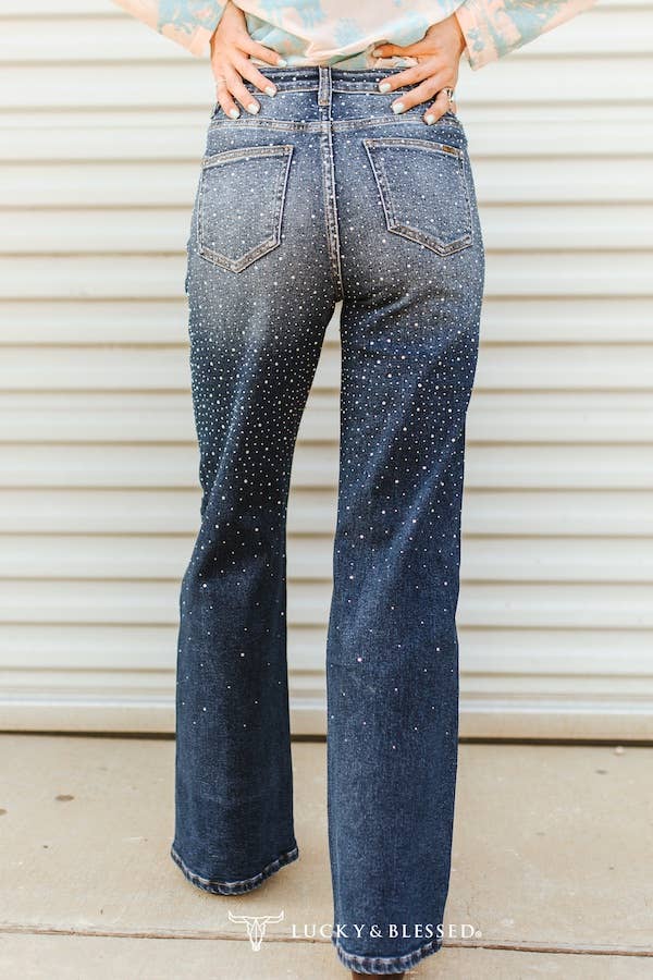 LUCKY & BLESSED - Mid Wash Studded Mid Rise Western Flare Jeans: 14