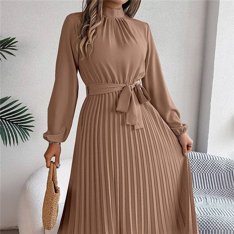 UZ Wholesale Store - Solid Color Stand Collar Long Sleeve Pleated Maxi Dress: BABY BLUE / XL