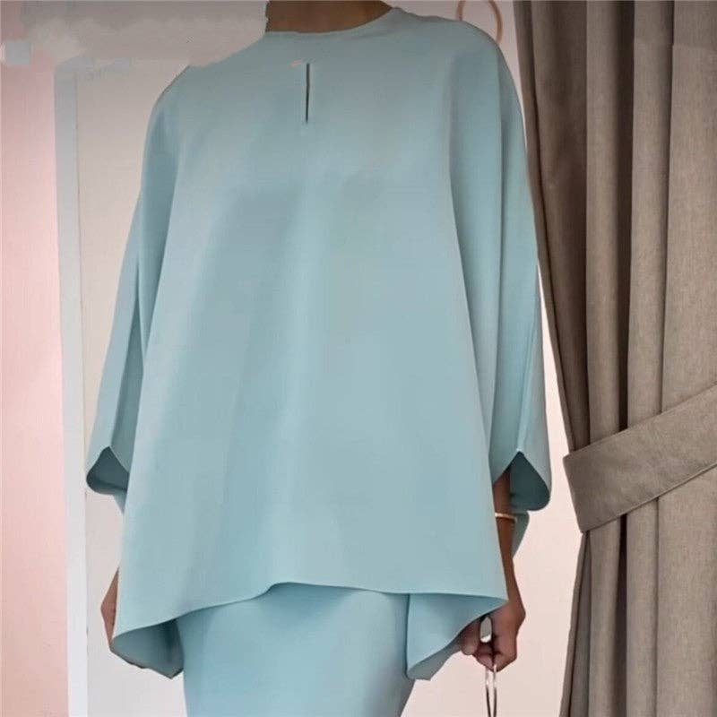 UZ Wholesale Store - Solid Color Pearl Embellished Floor-Length Dress Ensemble: LIGHT BLUE / XL