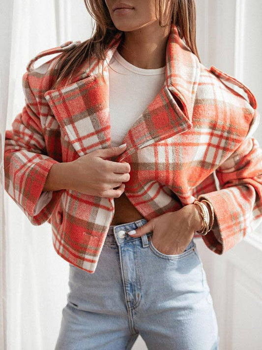 UZ Store - Long Sleeves Loose Plaid Split-Joint Peter Pan Collar Jackets&Coats: ORANGE