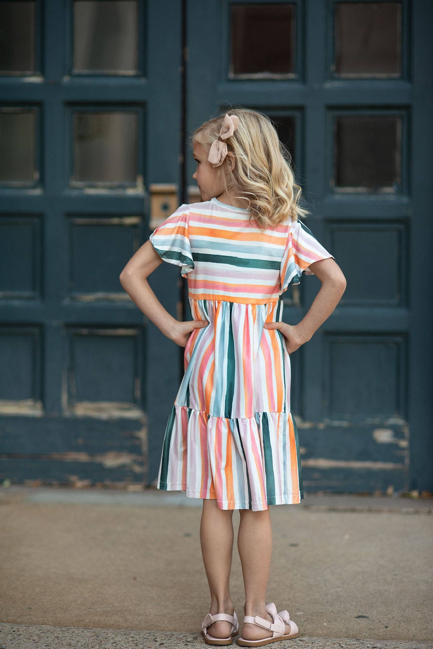 Oopsie Daisy - Kids Boho Rainbow Stripe Spring Easter Flutter Sleeve Dress: 14