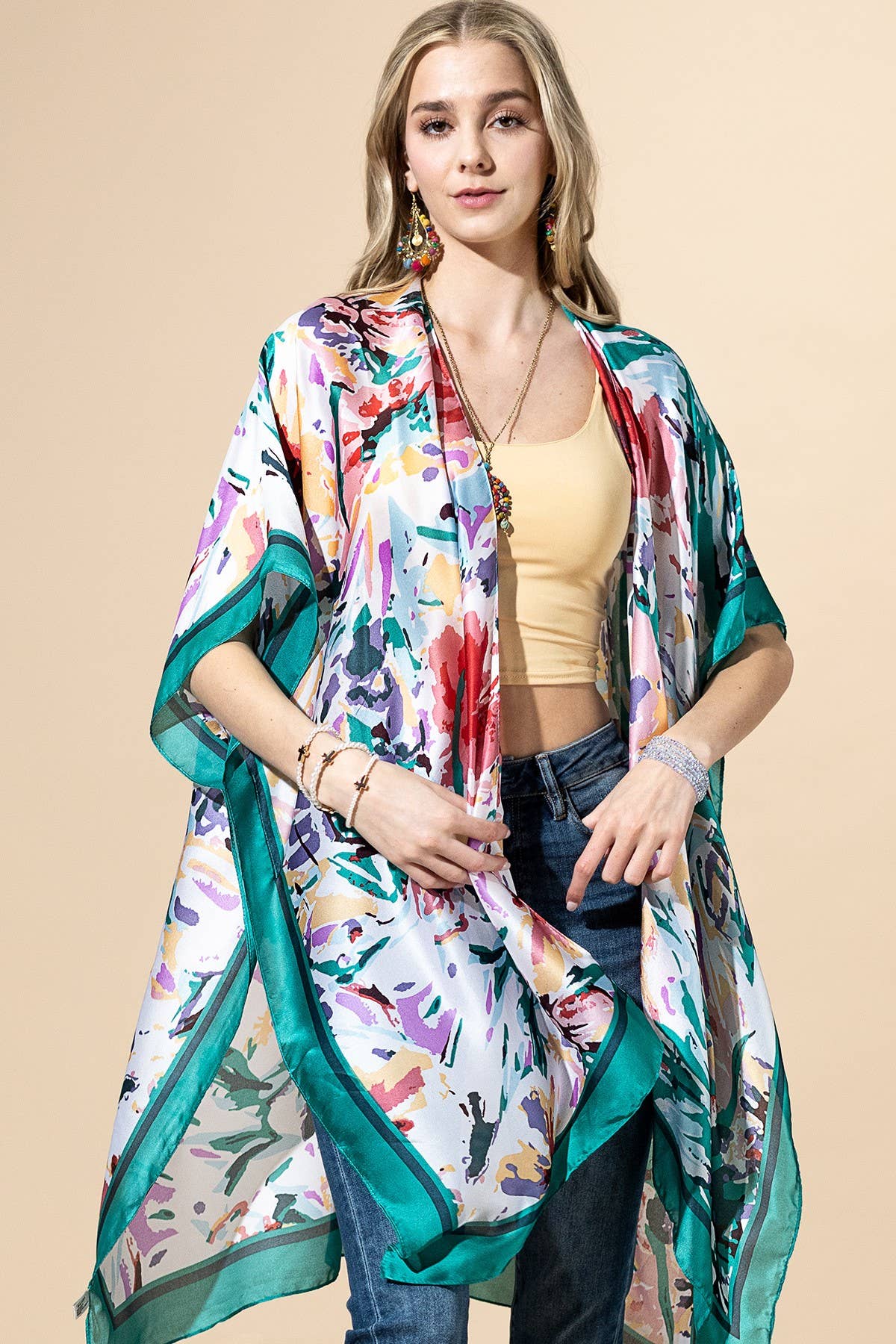 Urbanista - Abstract Floral Print Kimono: PINK-PK