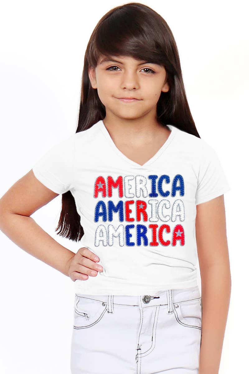 Cutie Patootie Clothing - GKT-16811B-588 Girl's V-Neck 'America' Graphic Tee