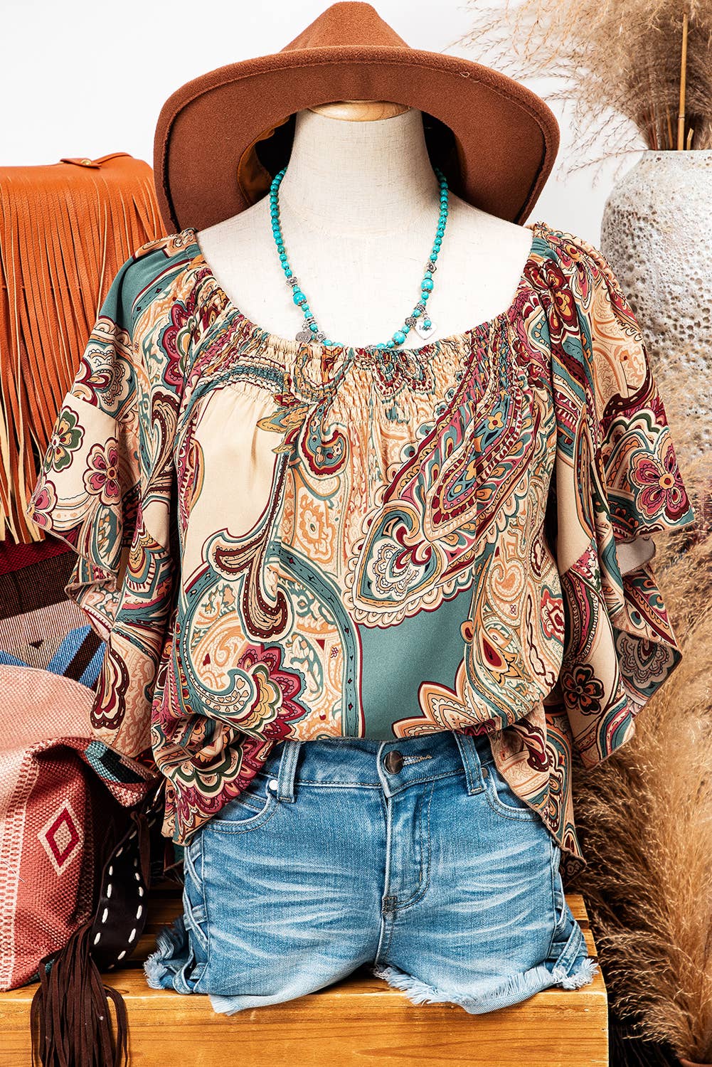 Fashionworks - Paisley Shirred Off Shoulder Ruffled Draped Sleeve Blouse: Sz S
