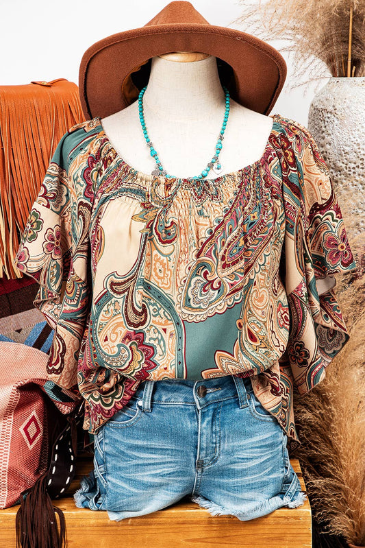 Fashionworks - Paisley Shirred Off Shoulder Ruffled Draped Sleeve Blouse SZ L