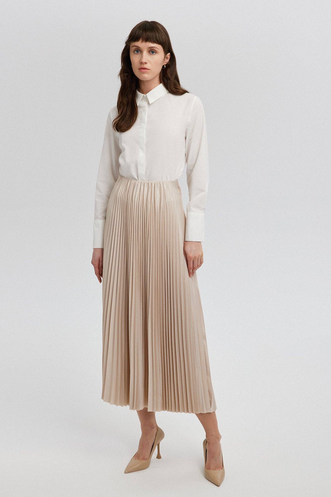 Touché Privé - PLEATED SKIRT - MAXI LENGTH, HIGH WAIST: Beige OS/2-12
