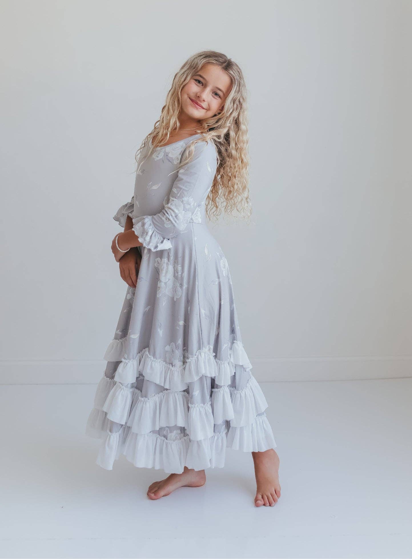 Oopsie Daisy - Girls Winter Rose Floral Long Sleeve Ruffles Dress: 3/4