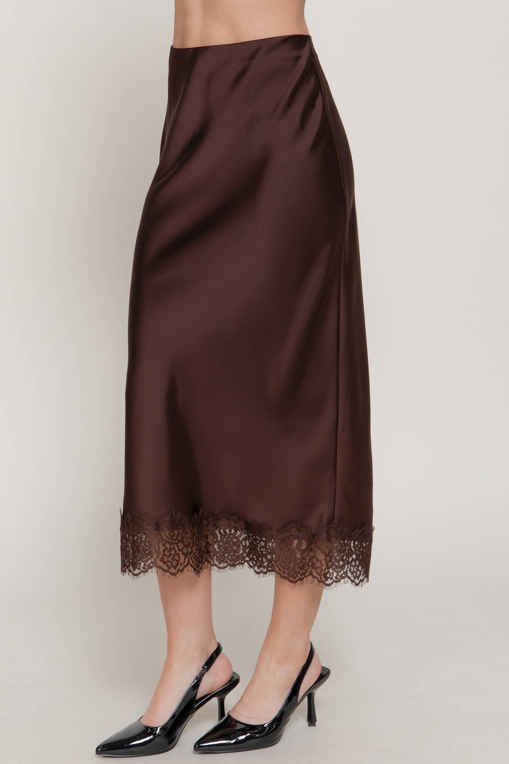 42POPS -  Mid-rise Lace Trim Satin Midi Skirt: RED-RED