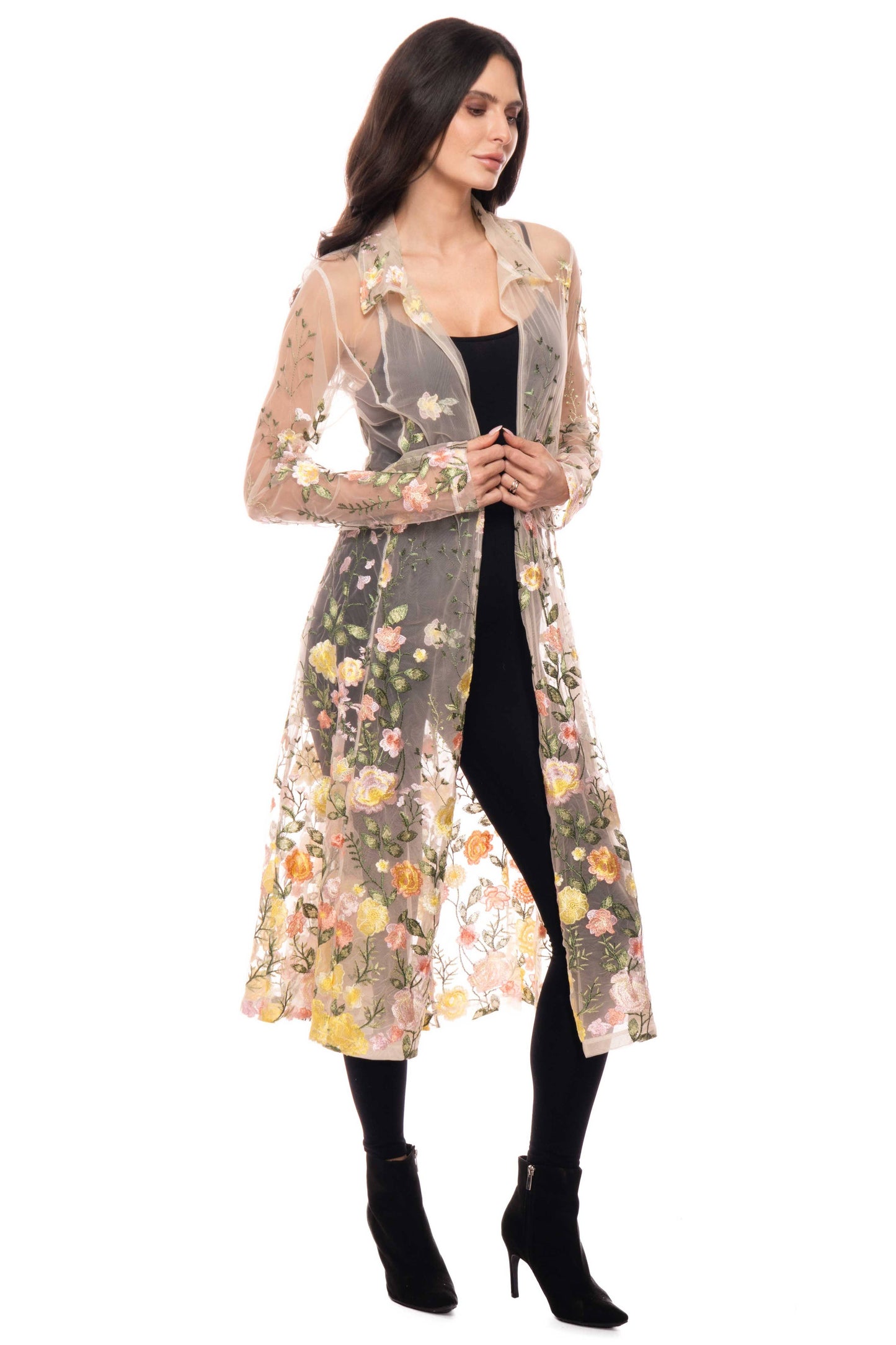 Adore - T417-Y Floral Embroidered Sheer Duster Jacket: L