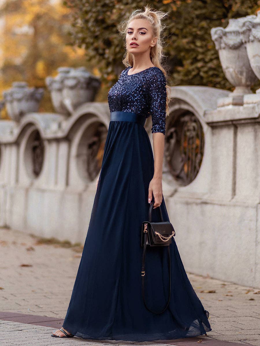 Ever-Pretty - Elegant Round Neckline Sequins Patchwork Dress: Navy Blue / 16