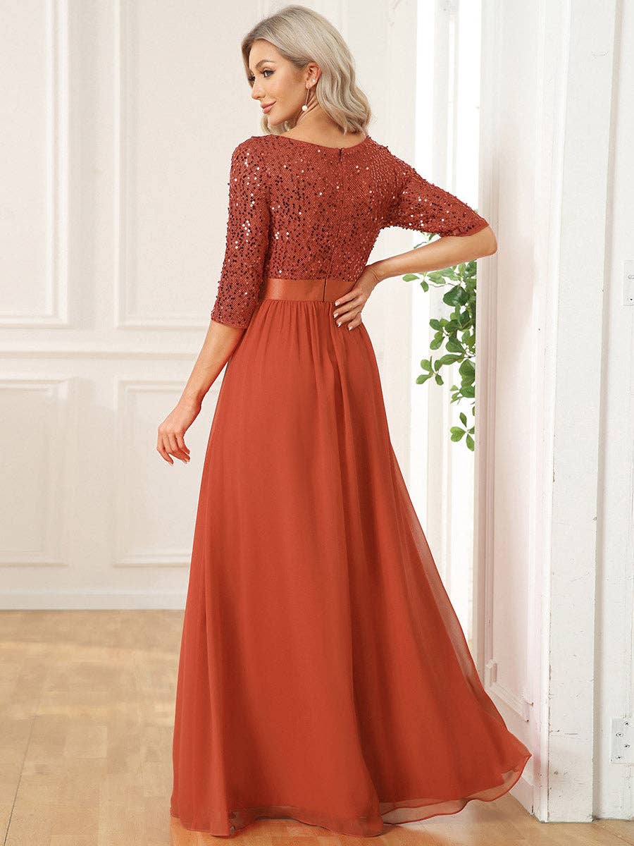 Ever-Pretty - Elegant Round Neckline Sequins Patchwork Dress: Navy Blue / 16