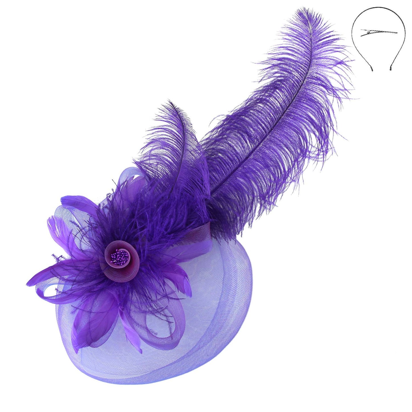 SP Sophia Collection - Flower Center with Veil Feather Fascinator : Royal Blue