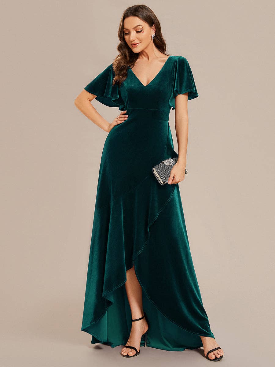 Ever-Pretty - High-low V Neck Evening Dress with Short Sleeves: Dark Purple