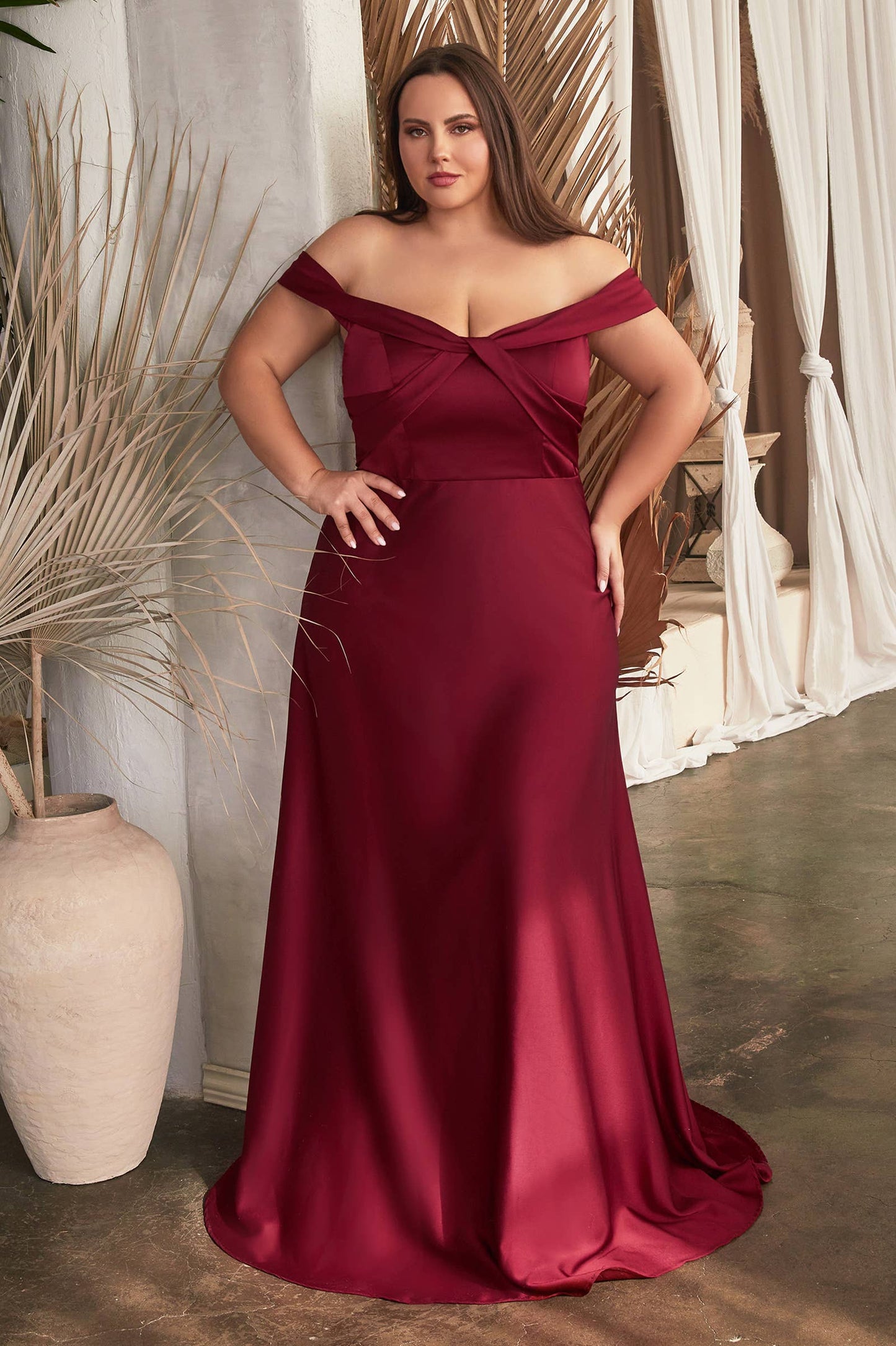 Ladivine by Cinderella Divine - SATIN OFF THE SHOULDER GOWN: EMERALD / 24