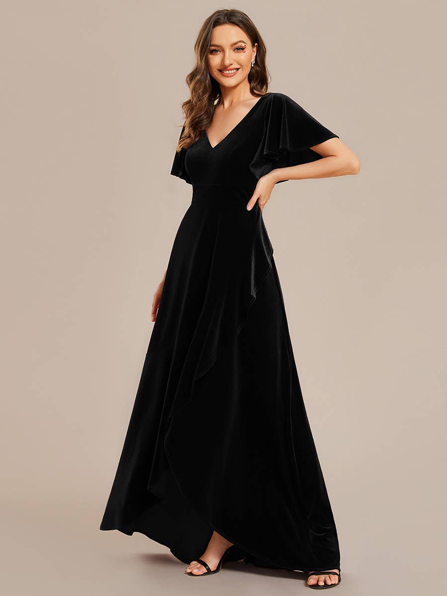 Ever-Pretty - High-low V Neck Evening Dress with Short Sleeves: Dark Purple