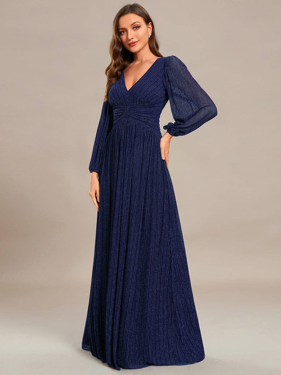 Ever-Pretty - Maxi Long Chiffon Waist V Neck Long Sleeves Evening Dress: Burgundy / 14