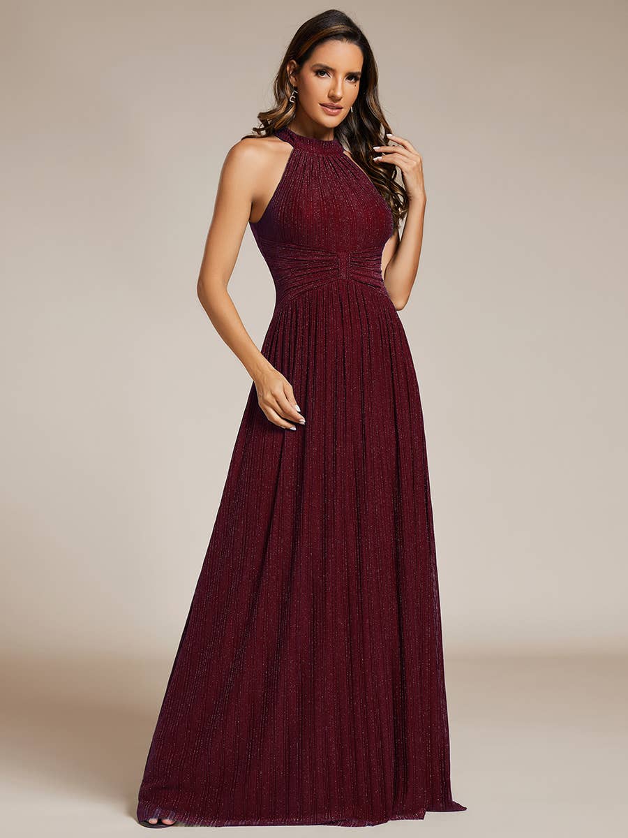 Ever-Pretty - Glittery Halter Neck Pleated Formal Evening Dress: Dark Green / 12