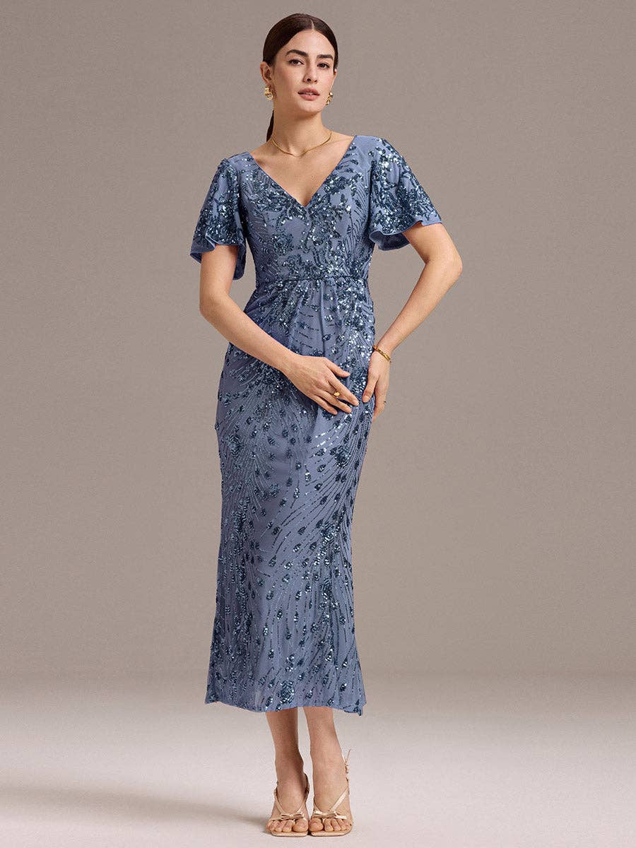 Ever-Pretty - Strapless Deep Fishtail Paillette Midi Evening Dresses: Sapphire Blue / 22