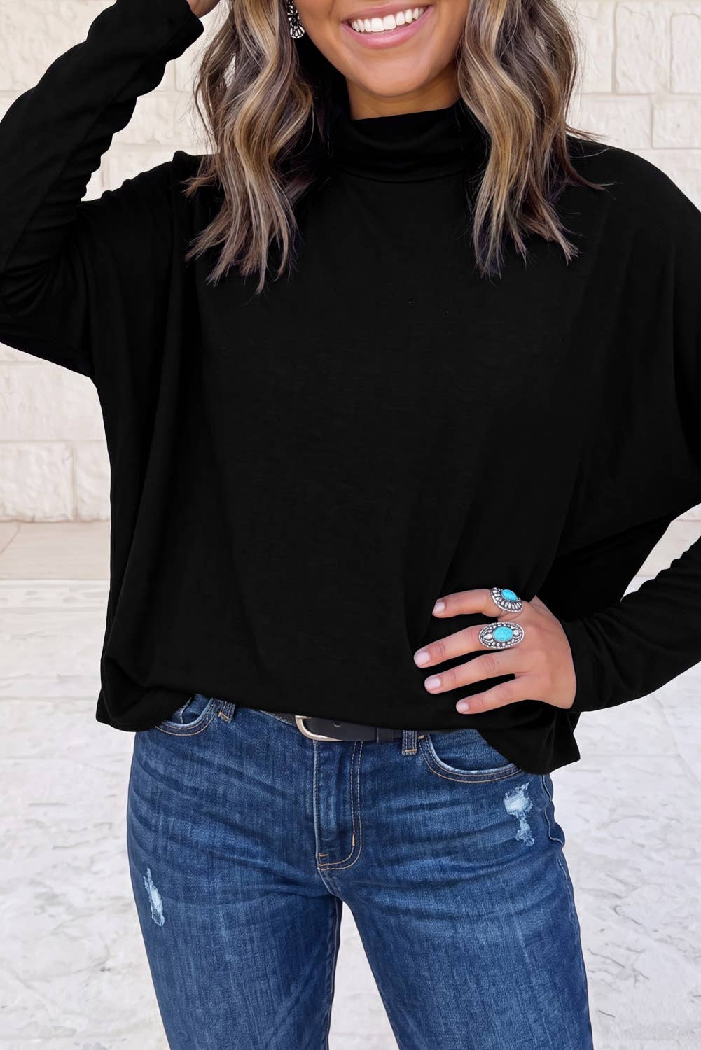 1 the Woman - Oversized Mock Neck Long Sleeve Layering Basic Blouse: Smoke Gray / L